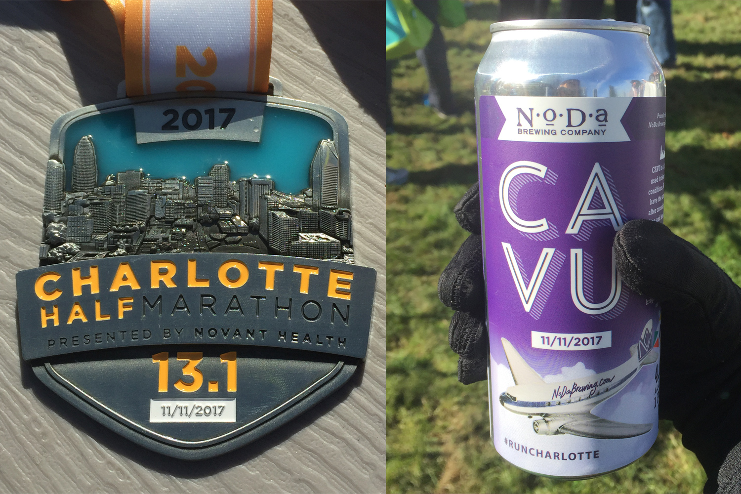 2017 Charlotte half marathon medal and special edition of NoDA Brewing's CAVU beer