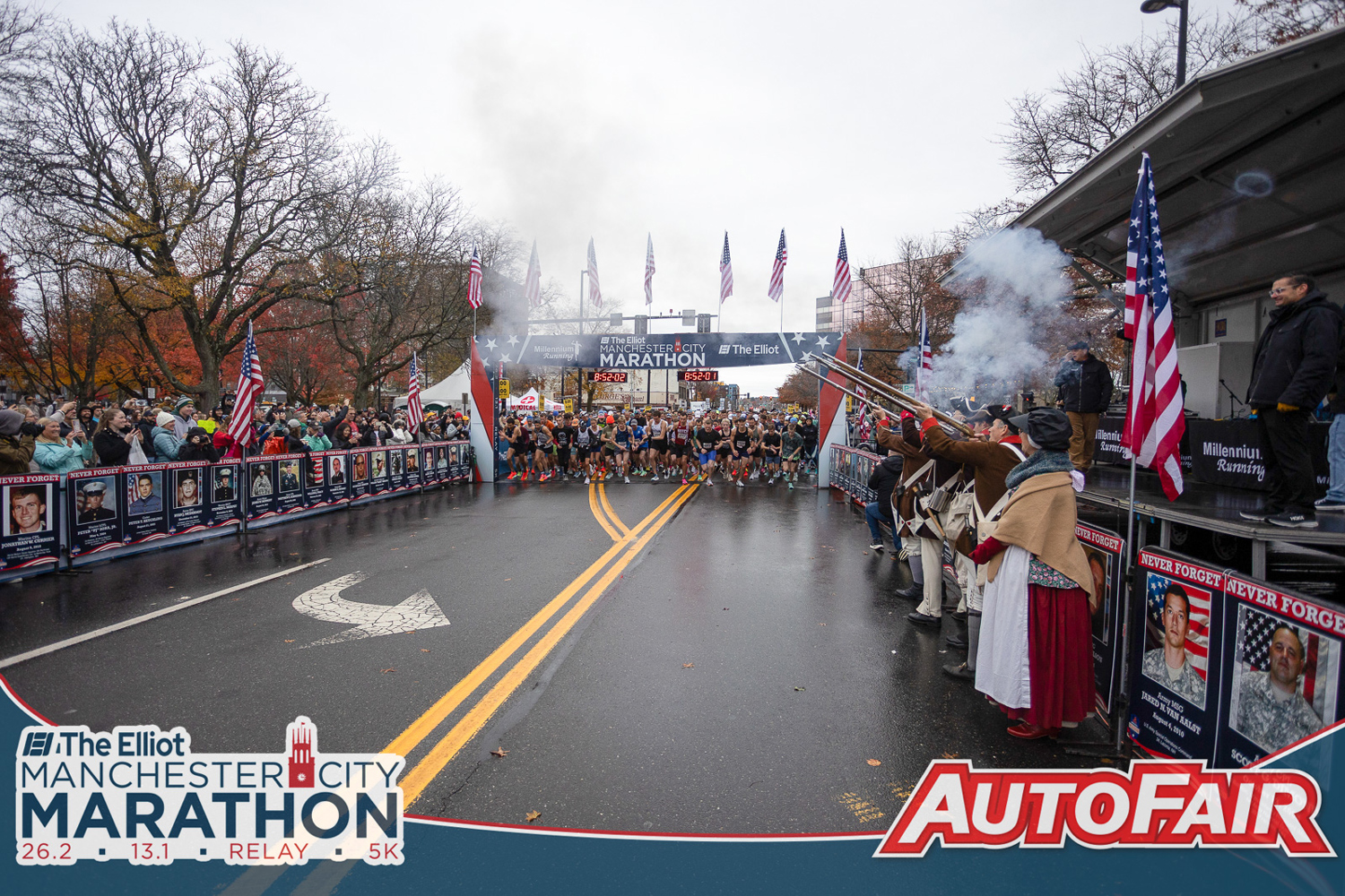 Musket fire from Colonial soldiers to start the race