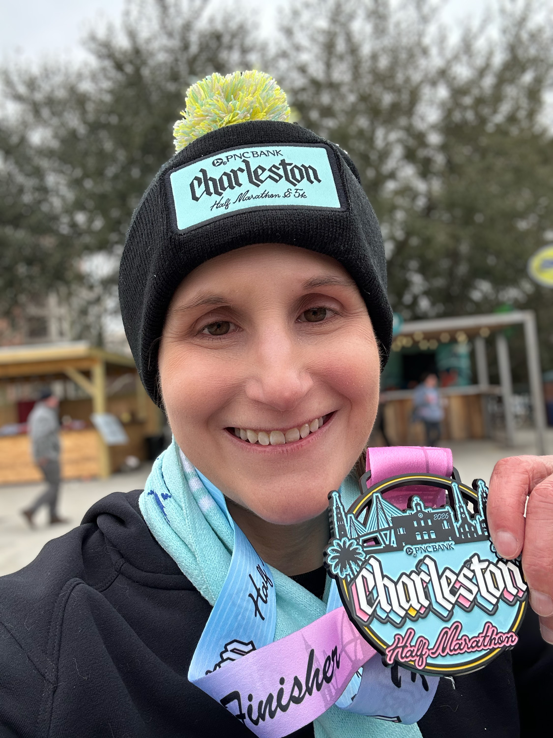 2026 Charleston half marathon race medal, scarf, and hat