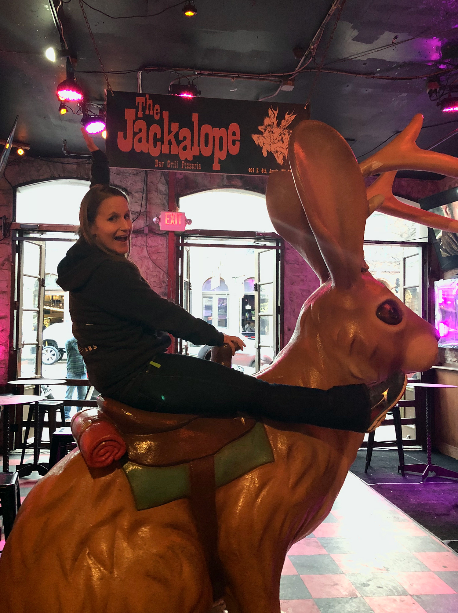 Me riding the mighty jackalope at The Jackalope dive bar
